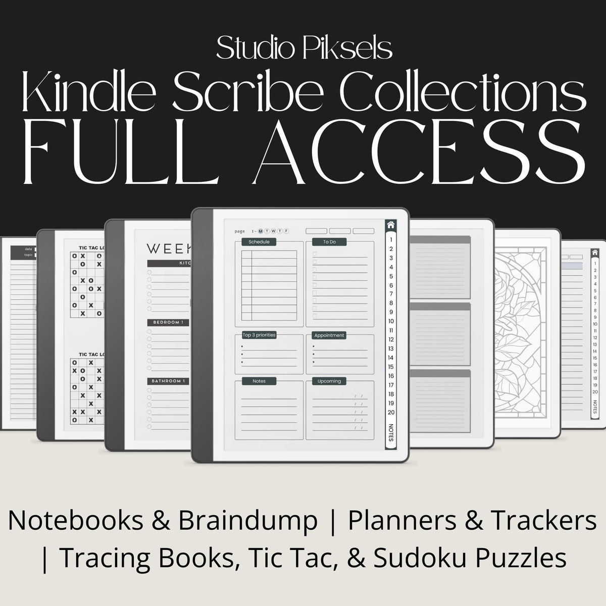 Full Access Template Bundle for Kindle Scribe featuring digital planners, notebooks, productivity trackers, puzzles, and hyperlinked templates.