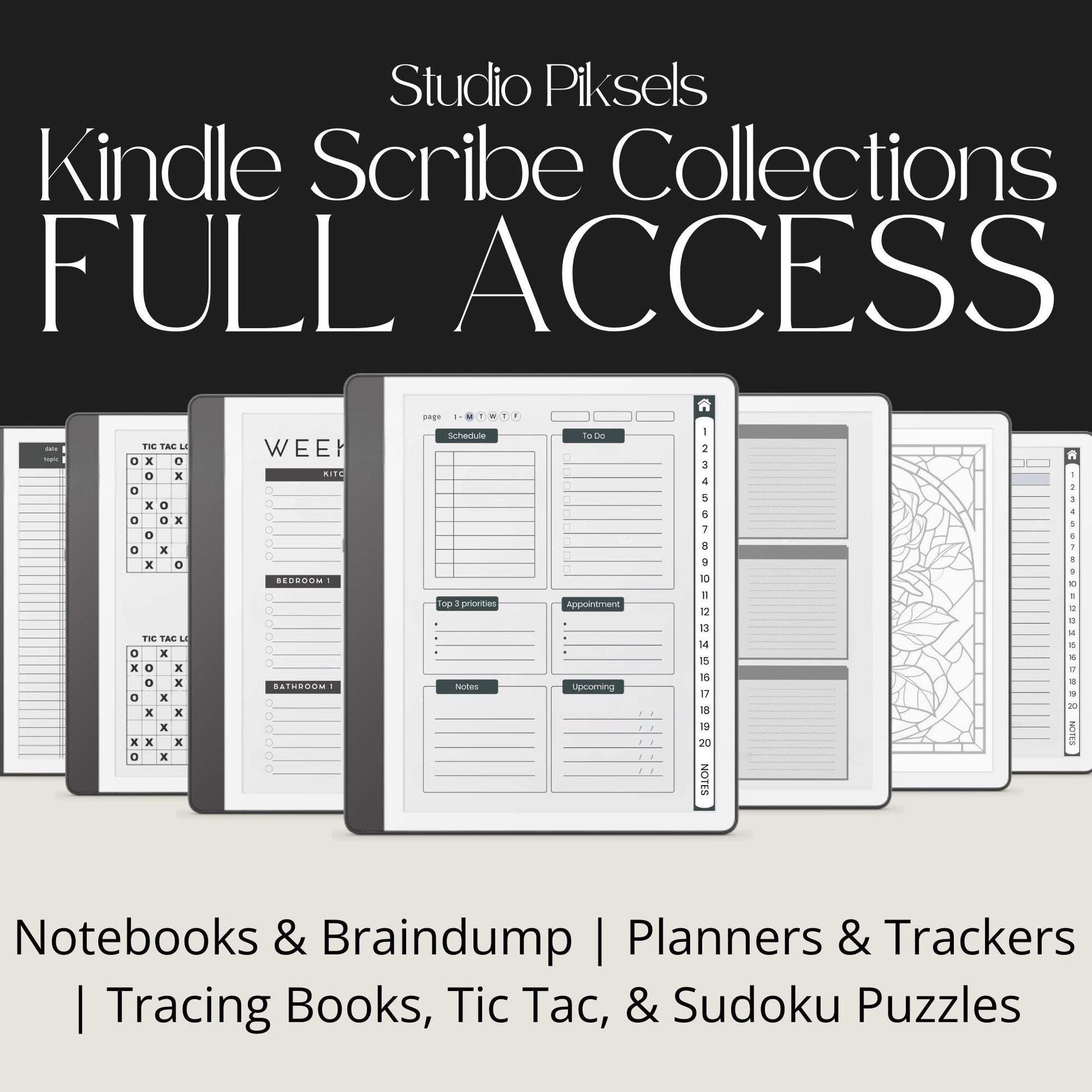 Full Access Template Bundle for Kindle Scribe featuring digital planners, notebooks, productivity trackers, puzzles, and hyperlinked templates.