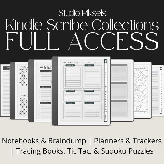 Full Access Template Bundle for Kindle Scribe featuring digital planners, notebooks, productivity trackers, puzzles, and hyperlinked templates.