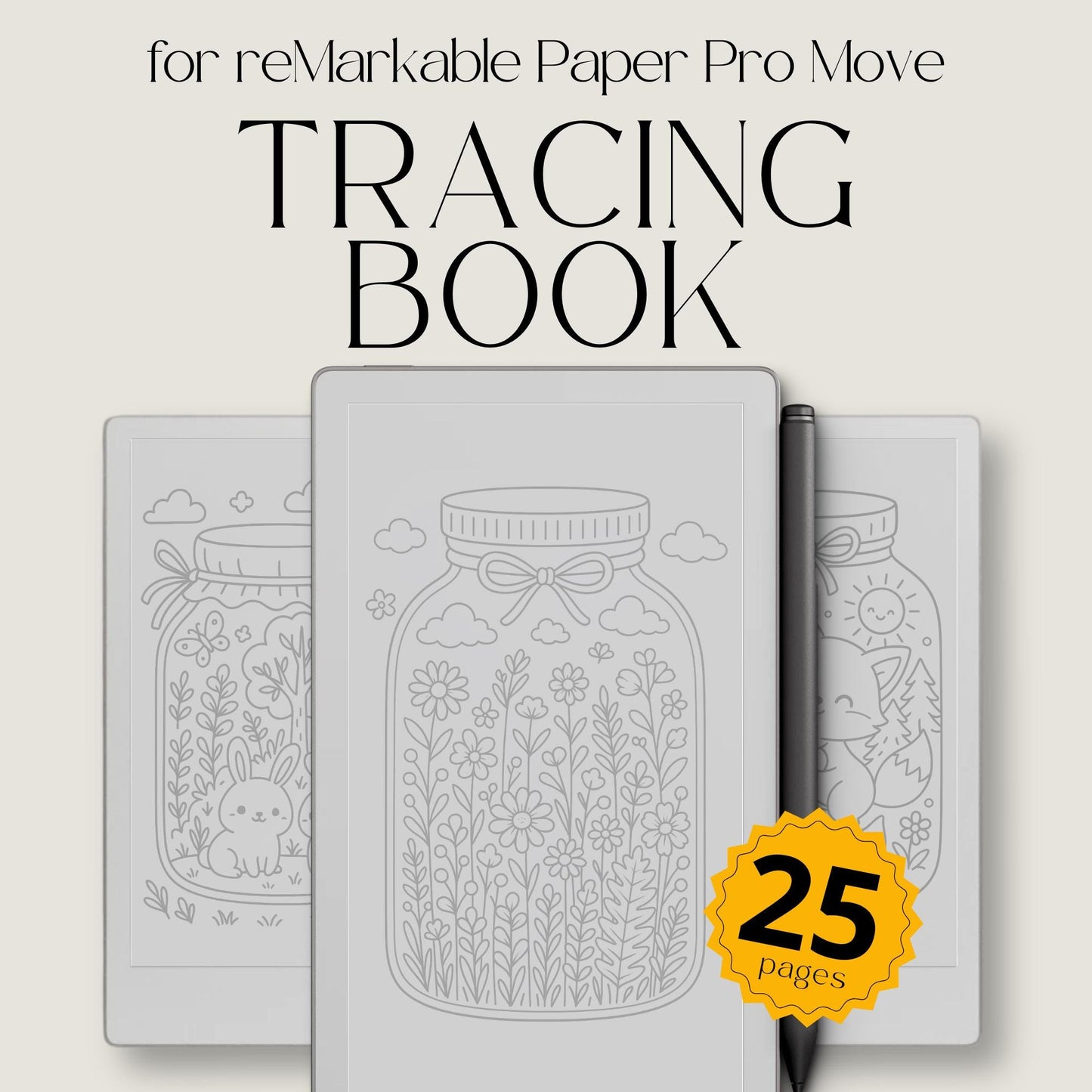 Kawaii Forest Jar Tracing Book for reMarkable Paper Pro Move. Tracing pages featuring cute woodland creatures inside jars, designed for relaxation and creative focus.