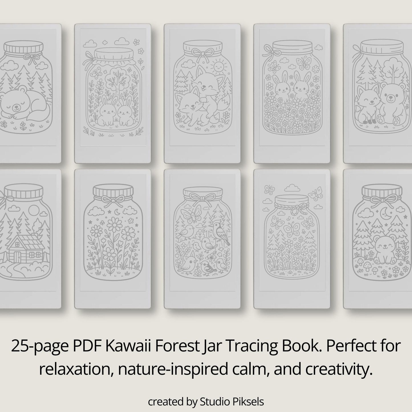Kawaii Forest Jar Tracing Book for reMarkable Paper Pro Move. Tracing pages featuring cute woodland creatures inside jars, designed for relaxation and creative focus.