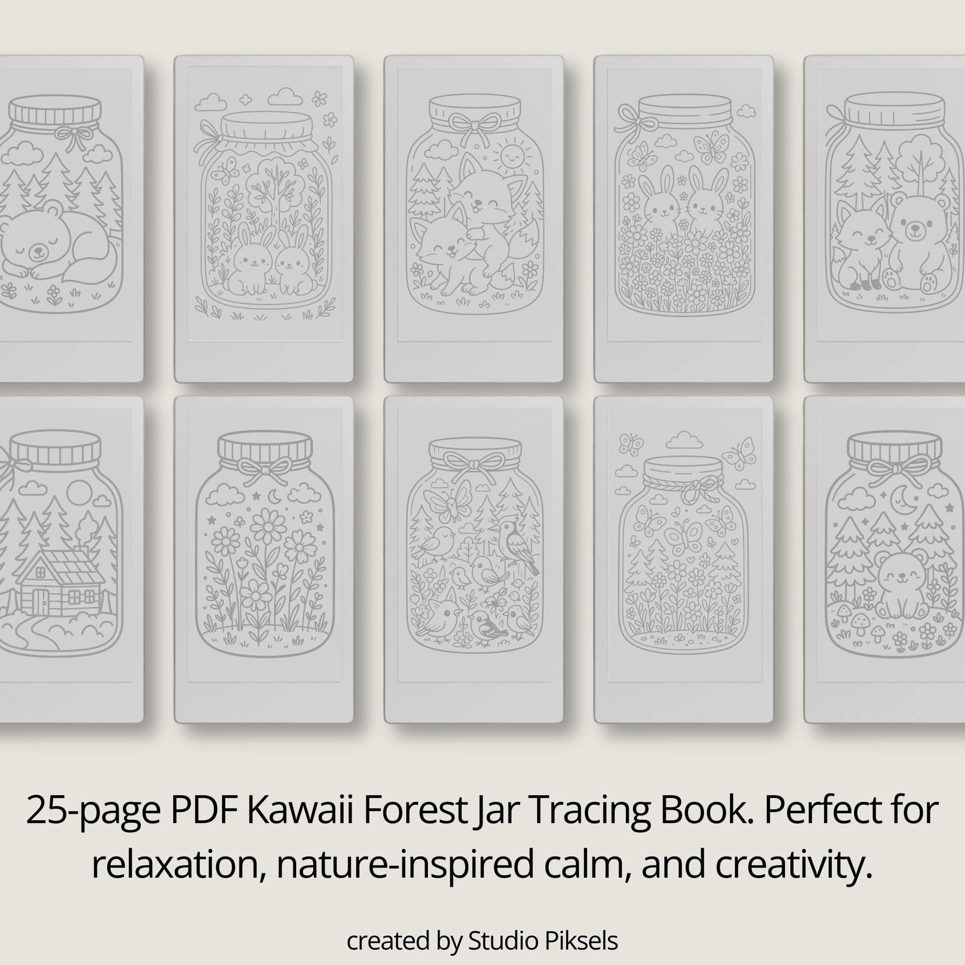 Kawaii Forest Jar Tracing Book for reMarkable Paper Pro Move. Tracing pages featuring cute woodland creatures inside jars, designed for relaxation and creative focus.