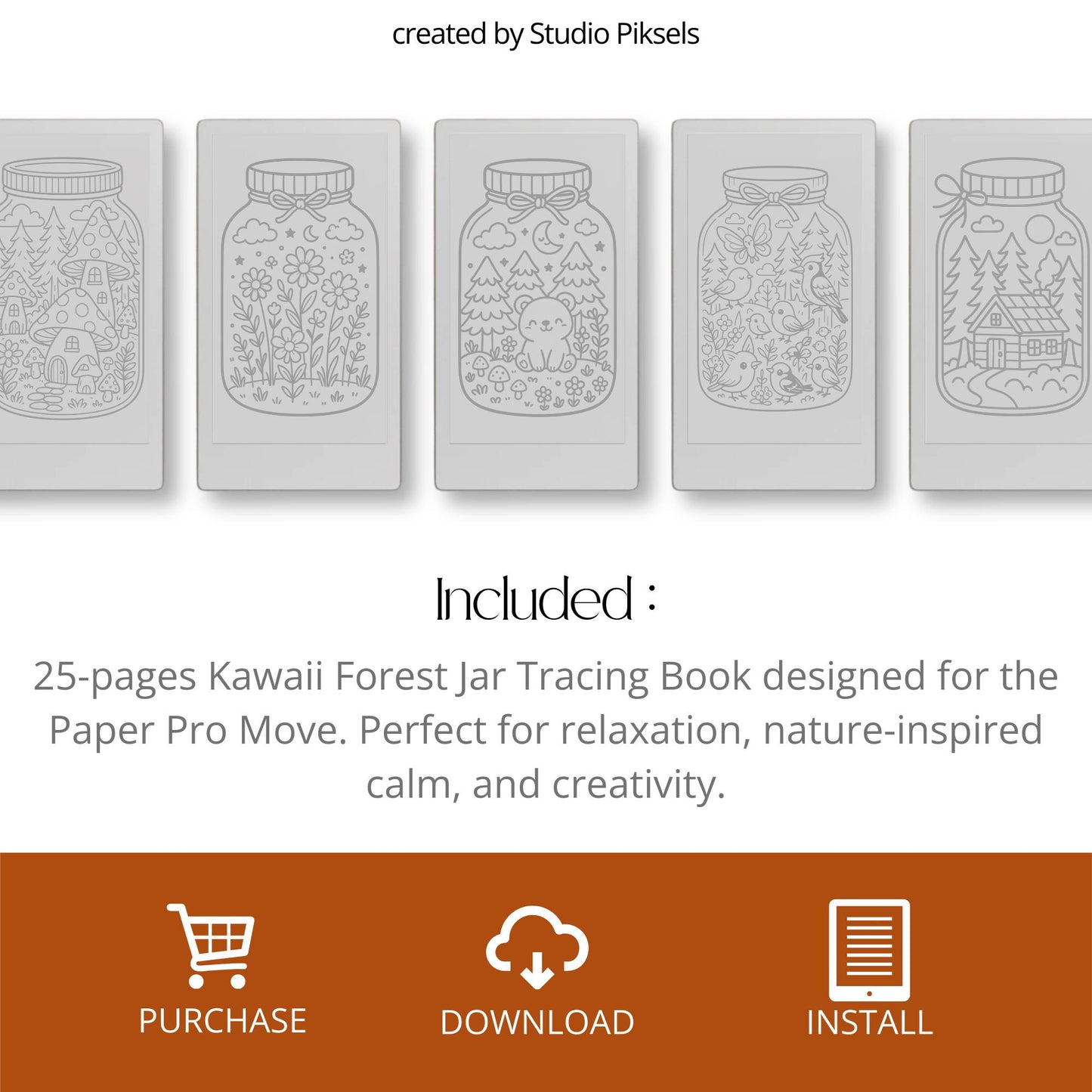 Kawaii Forest Jar Tracing Book for reMarkable Paper Pro Move. Tracing pages featuring cute woodland creatures inside jars, designed for relaxation and creative focus.