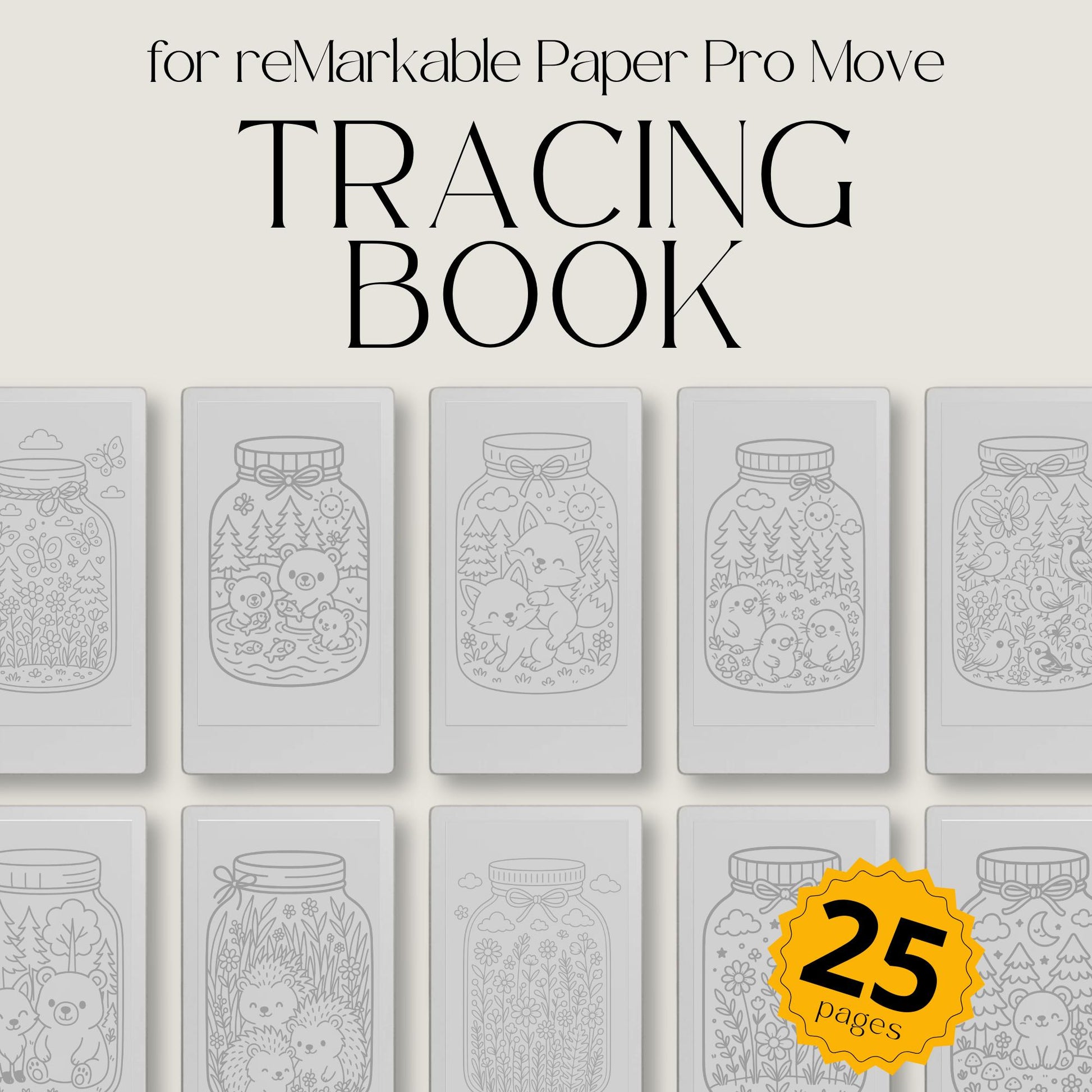Kawaii Forest Jar Tracing Book for reMarkable Paper Pro Move. Tracing pages featuring cute woodland creatures inside jars, designed for relaxation and creative focus.