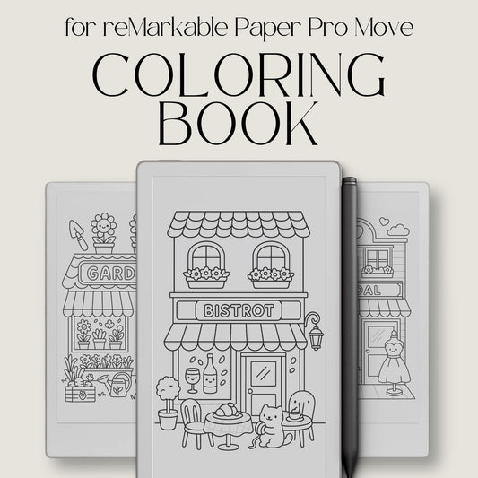 Kawaii storefront coloring book for reMarkable Paper Pro Move featuring cozy cafés, bookstores, flower shops, candy stores, and charming small town storefront scenes designed for relaxing digital coloring, mindfulness, and creative focus on eInk devices.
