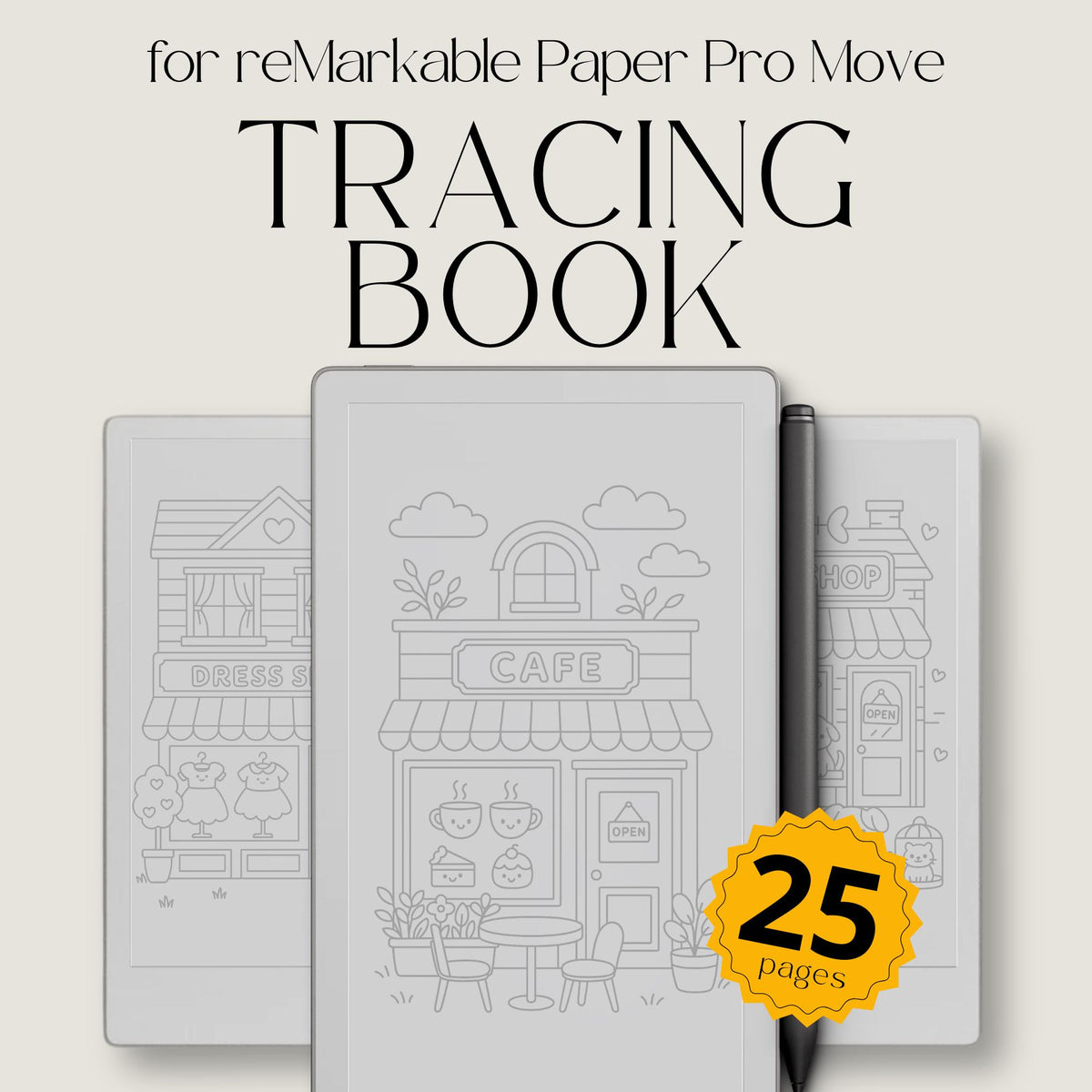 Cozy kawaii storefront tracing book for reMarkable Paper Pro Move featuring cafés, bakeries, flower shops, and cute small town tracing pages for mindful creativity and relaxation.
