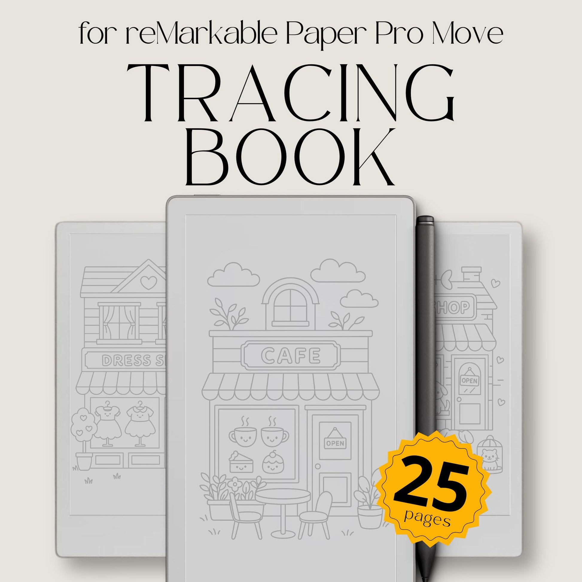 Cozy kawaii storefront tracing book for reMarkable Paper Pro Move featuring cafés, bakeries, flower shops, and cute small town tracing pages for mindful creativity and relaxation.