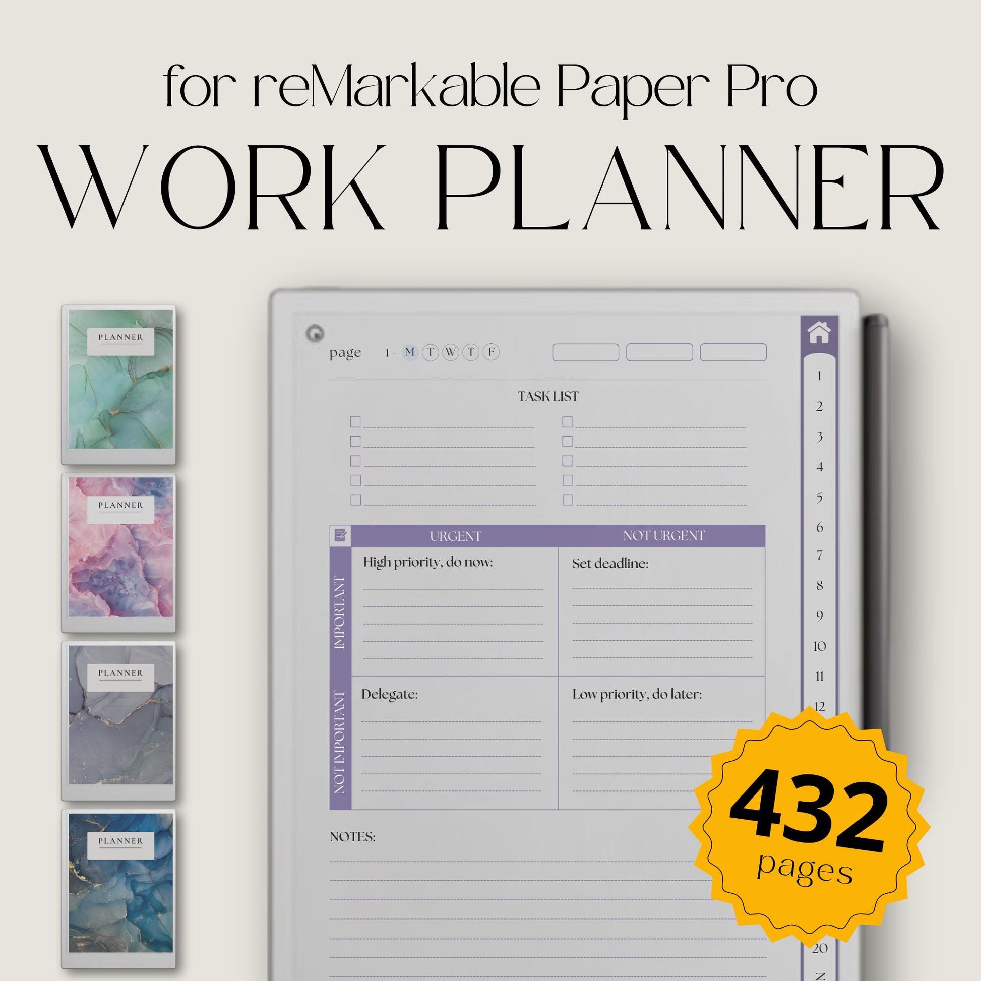 Girl Boss Work Planners for reMarkable Paper Pro with gemstone inspired covers, hyperlinked daily planner pages, and Eisenhower Matrix layout.