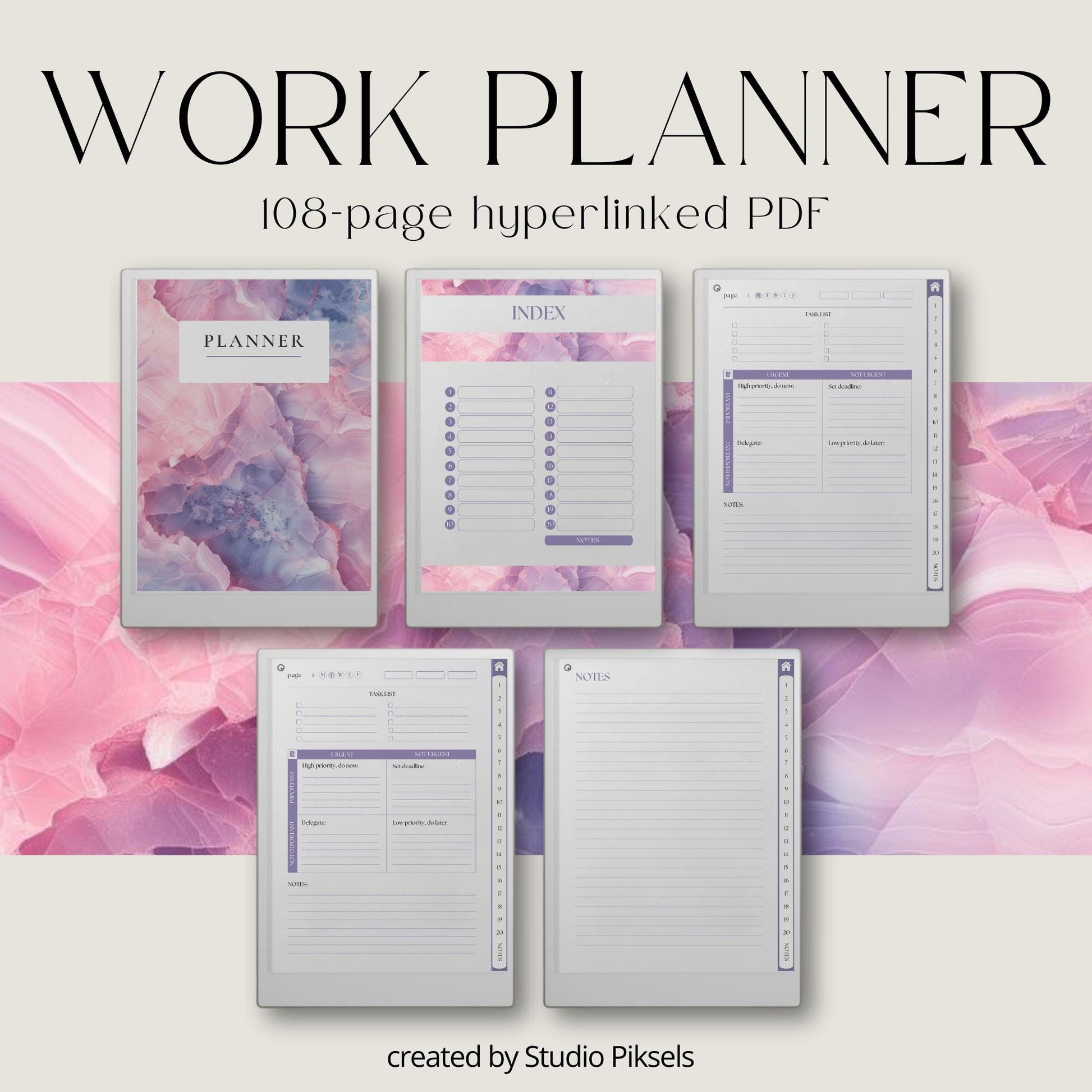Girl Boss Work Planners for reMarkable Paper Pro with gemstone inspired covers, hyperlinked daily planner pages, and Eisenhower Matrix layout.