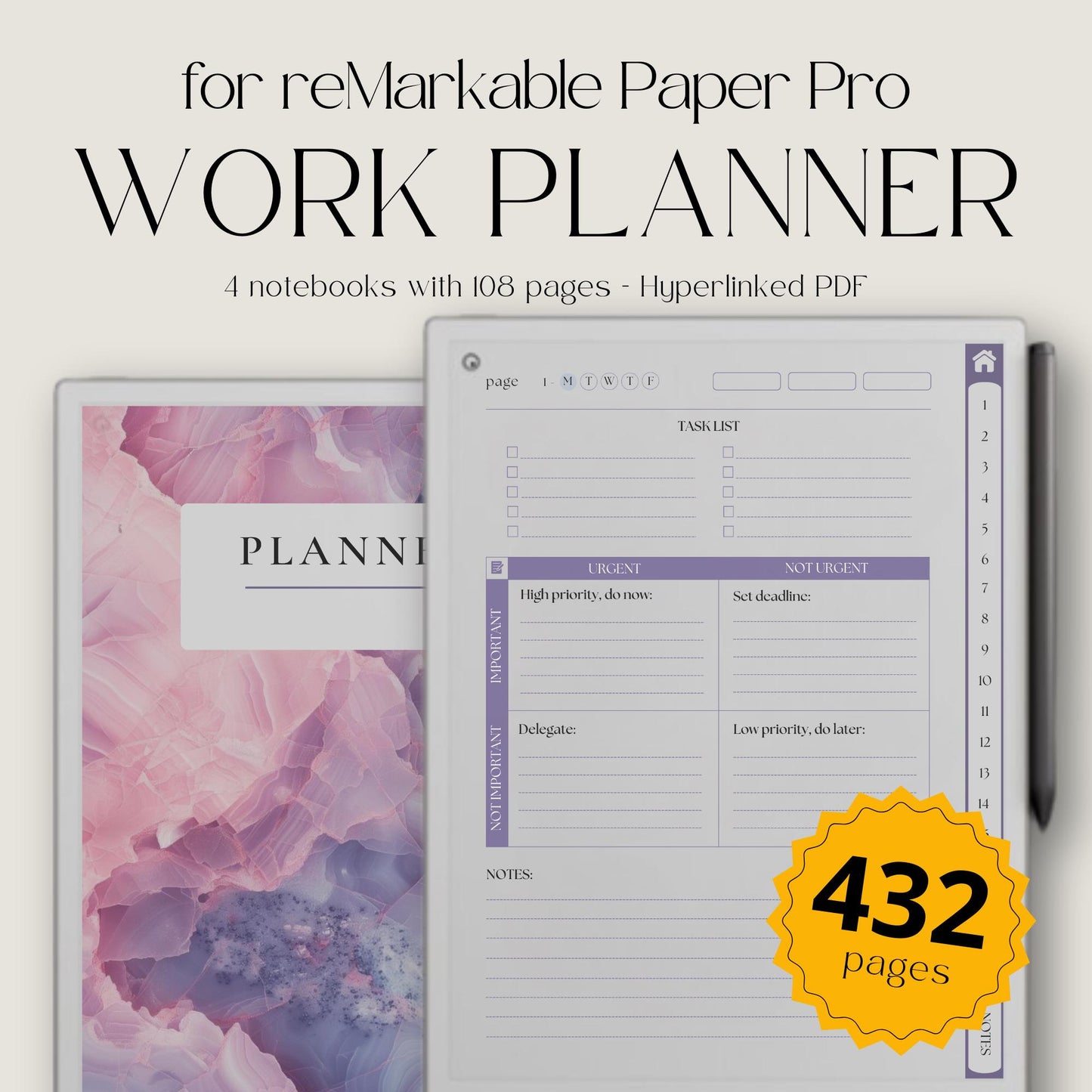 Girl Boss Work Planners for reMarkable Paper Pro with gemstone inspired covers, hyperlinked daily planner pages, and Eisenhower Matrix layout.