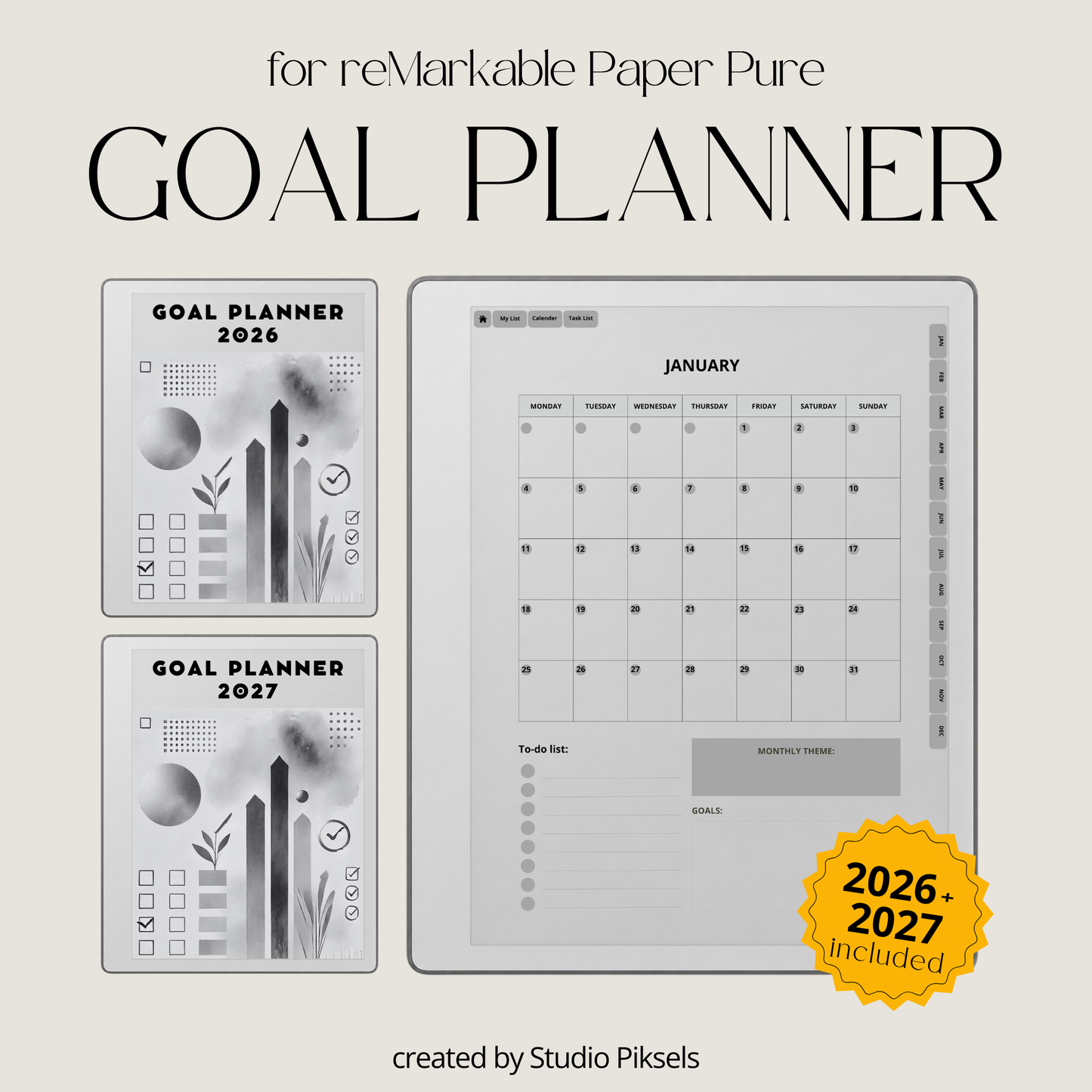 2026 + 2027 Goal Planner for reMarkable Paper Pure & reMarkable 2 featuring yearly goal planning, monthly calendars, habit trackers, and notes pages.