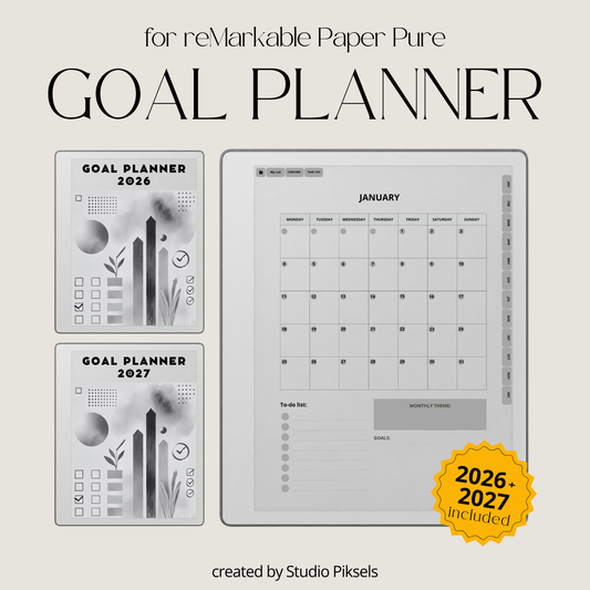 2026 + 2027 Goal Planner for reMarkable Paper Pure & reMarkable 2 featuring yearly goal planning, monthly calendars, habit trackers, and notes pages.