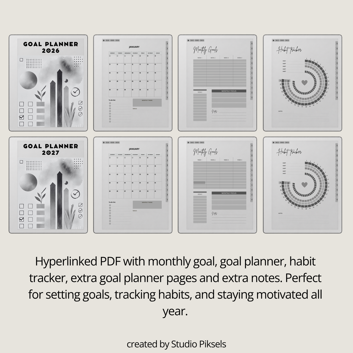 2026 + 2027 Goal Planner for reMarkable Paper Pure & reMarkable 2 featuring yearly goal planning, monthly calendars, habit trackers, and notes pages.