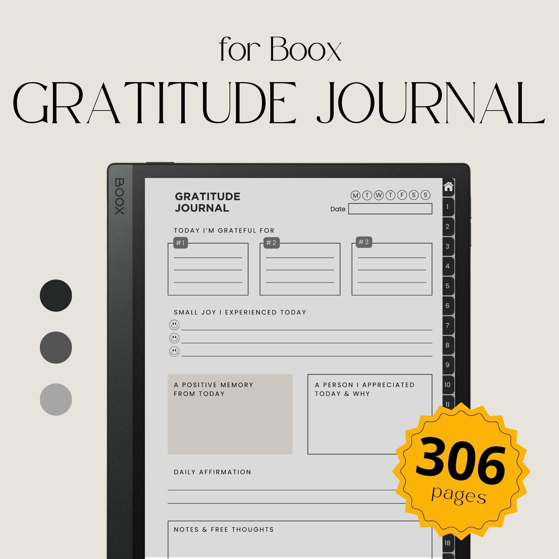 Gratitude Journal Bundle for BOOX with hyperlinked gratitude pages, mindfulness prompts, and grayscale digital reflection journals.