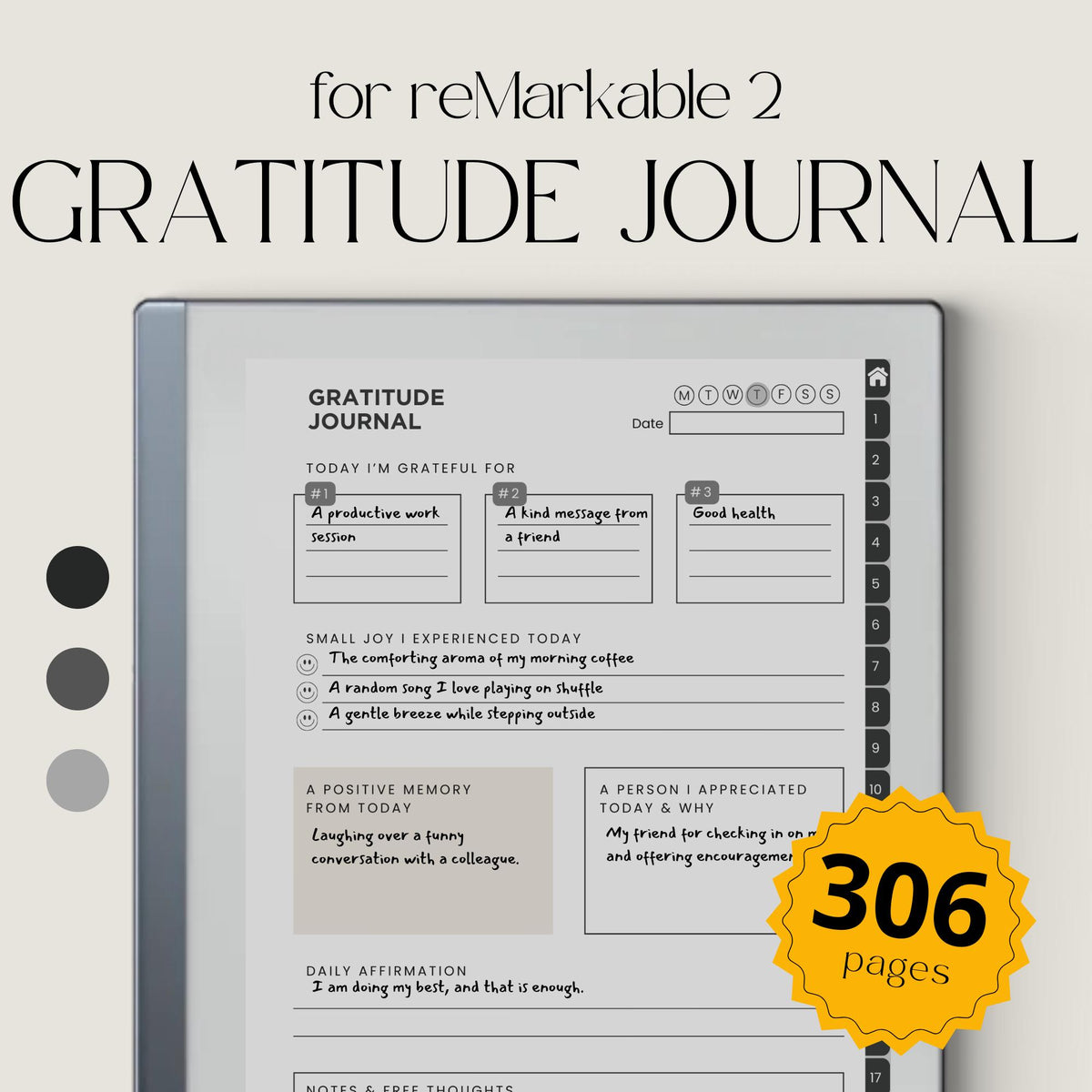 Gratitude Journal Bundle PDF for reMarkable 2 and Paper Pure with grayscale mindfulness pages, gratitude prompts, and hyperlinked navigation
