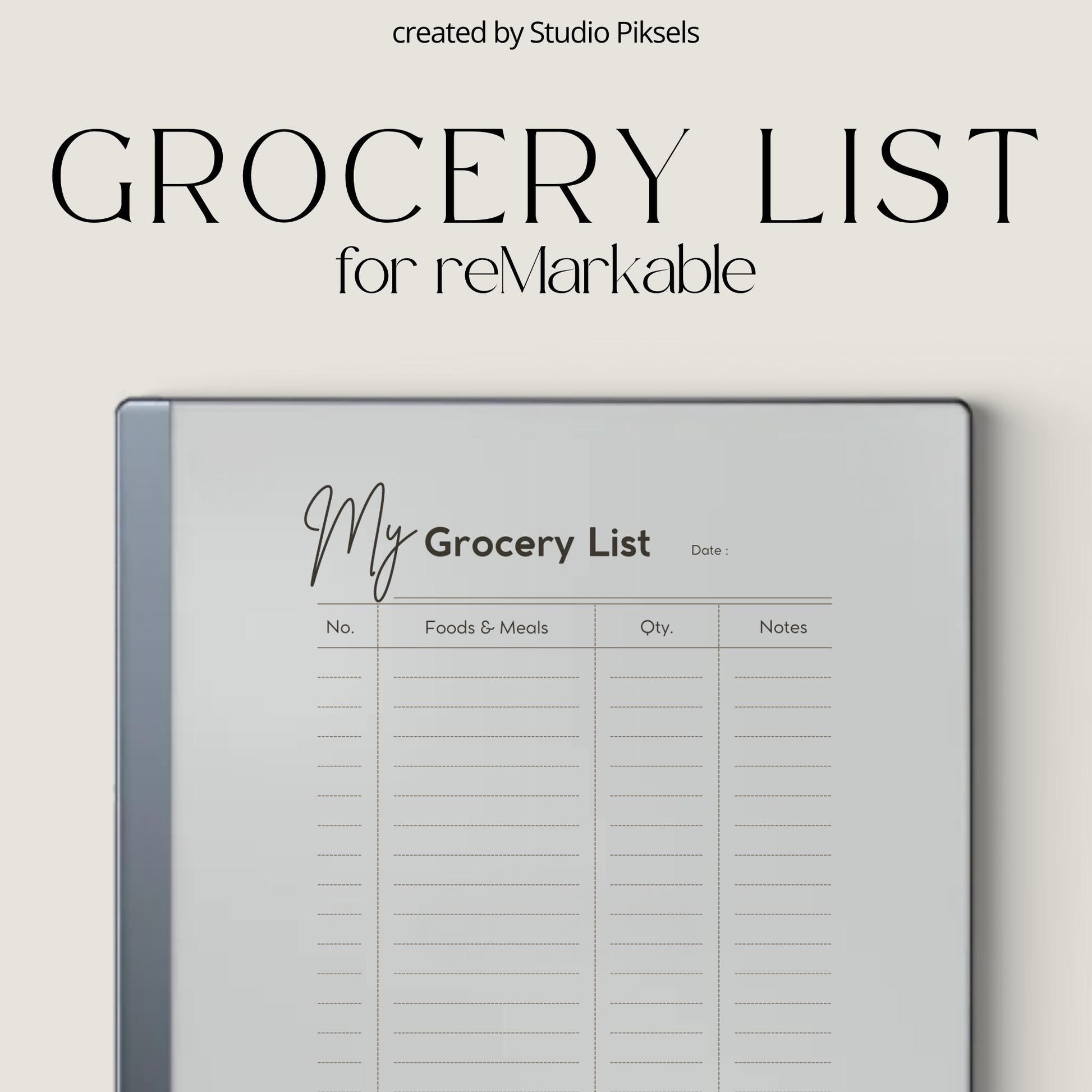 Grocery List Planner PDF for reMarkable 2 and Paper Pure with grayscale shopping list pages and minimalist grocery organization layout