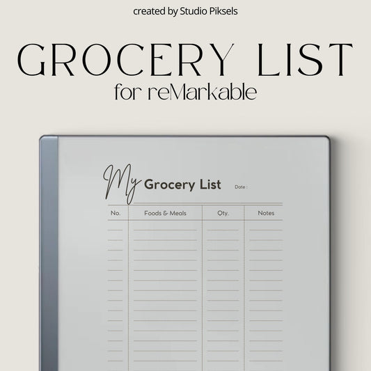 Grocery List Planner PDF for reMarkable 2 and Paper Pure with grayscale shopping list pages and minimalist grocery organization layout