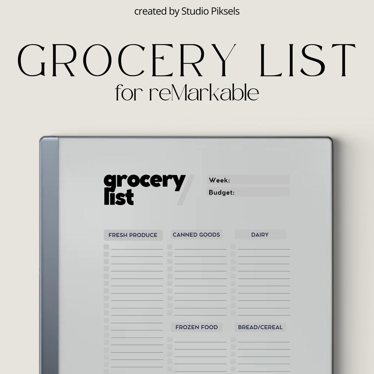 Grocery List Notebook for reMarkable 2 and reMarkable Paper Pure featuring reusable digital shopping list pages with minimalist organization layouts
