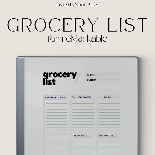 Grocery List Notebook for reMarkable 2 and reMarkable Paper Pure featuring reusable digital shopping list pages with minimalist organization layouts