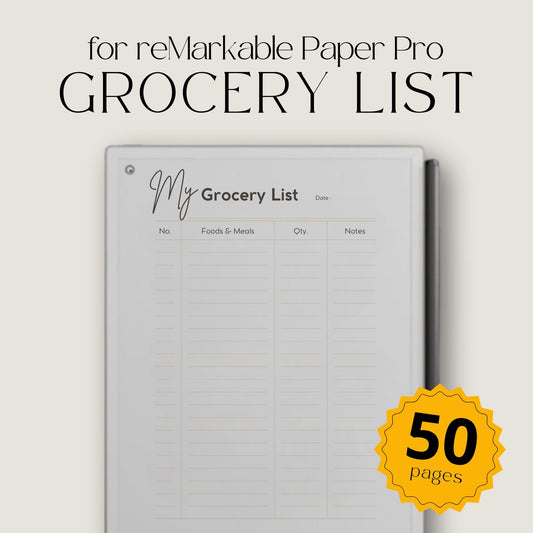 Grocery List Notebook for reMarkable Paper Pro with reusable shopping list pages, meal planning layouts, grocery organization templates, and minimalist digital notebook pages for E Ink tablets.
