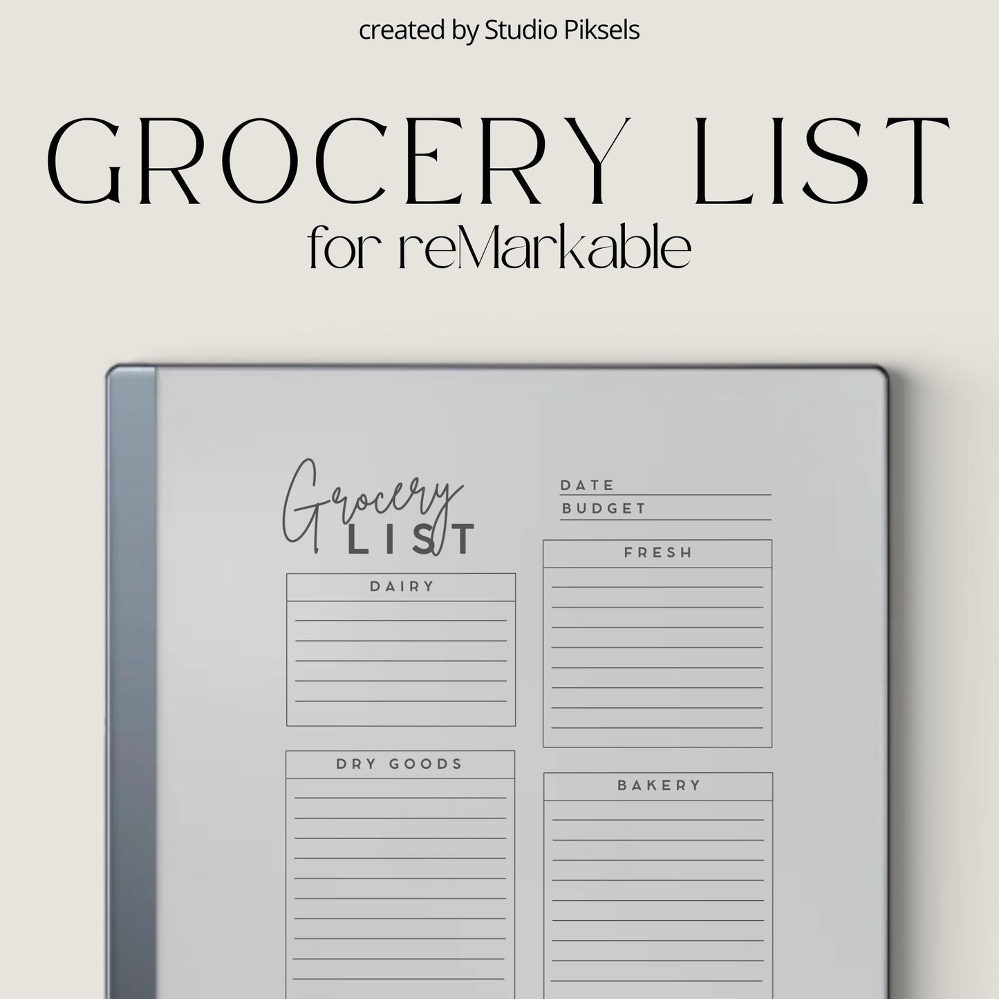 Digital grocery list planner for reMarkable Paper Pure and reMarkable 2 with reusable shopping pages and minimalist layouts