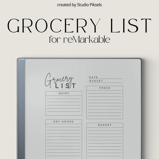 Digital grocery list planner for reMarkable Paper Pure and reMarkable 2 with reusable shopping pages and minimalist layouts