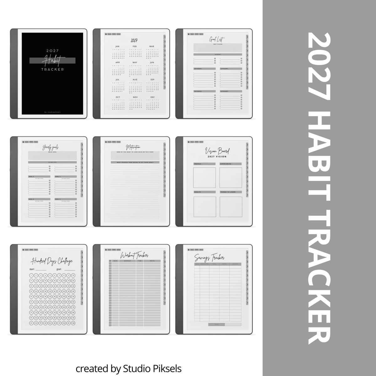 2026 + 2027 Habit Tracker for Kindle Scribe featuring hyperlinked habit tracking, goal planning, routines, tasks, and progress tracking pages.