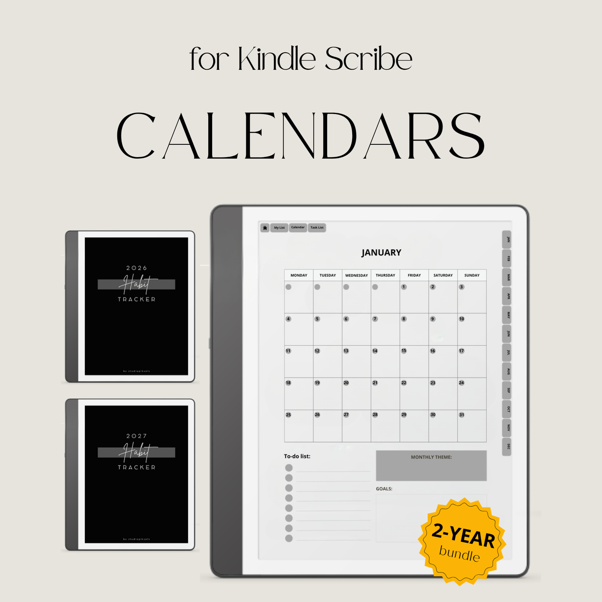 2026 + 2027 Habit Tracker for Kindle Scribe featuring hyperlinked habit tracking, goal planning, routines, tasks, and progress tracking pages.