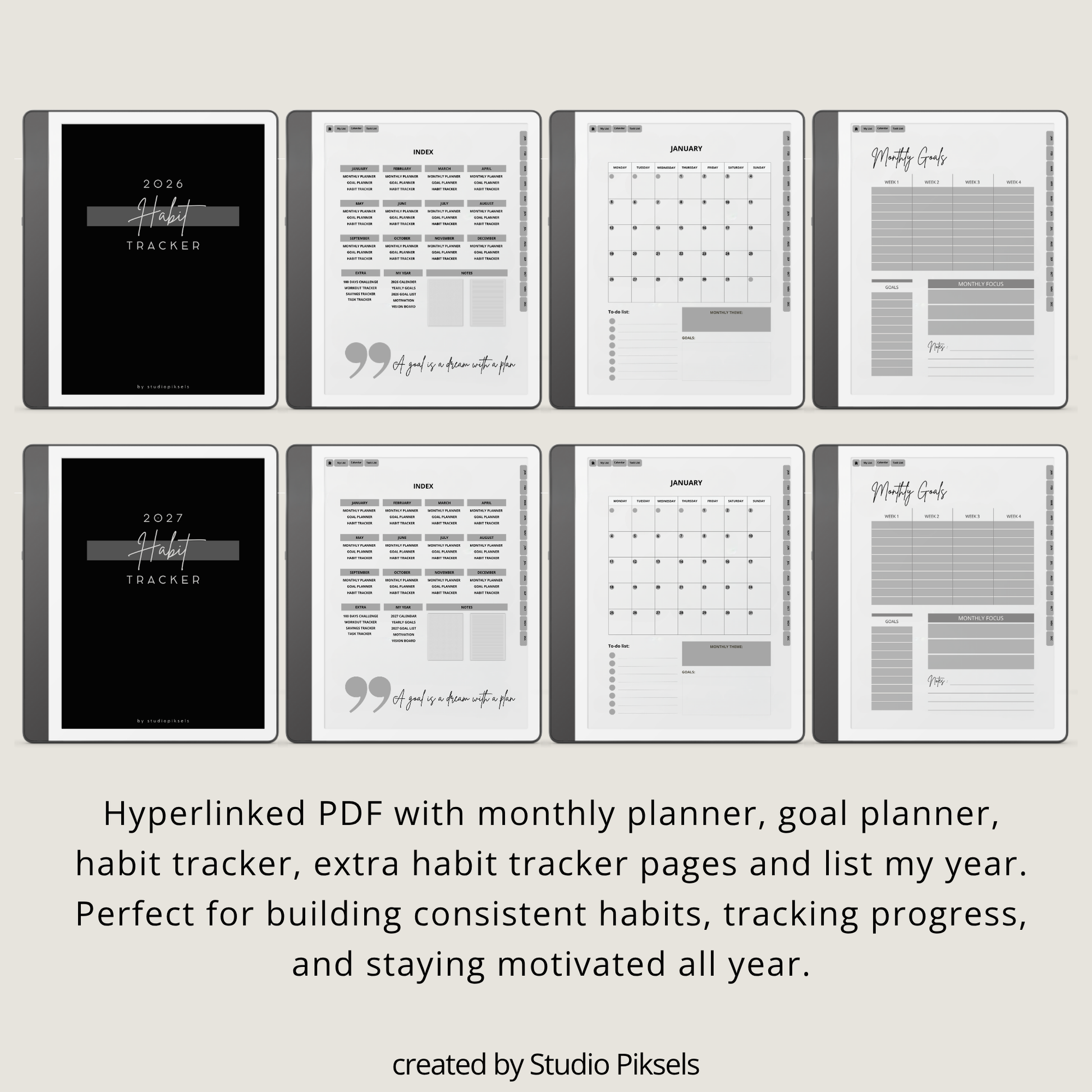 2026 + 2027 Habit Tracker for Kindle Scribe featuring hyperlinked habit tracking, goal planning, routines, tasks, and progress tracking pages.