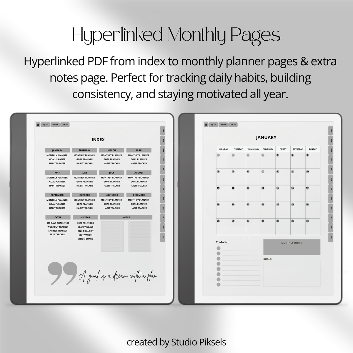2026 + 2027 Habit Tracker for Kindle Scribe featuring hyperlinked habit tracking, goal planning, routines, tasks, and progress tracking pages.