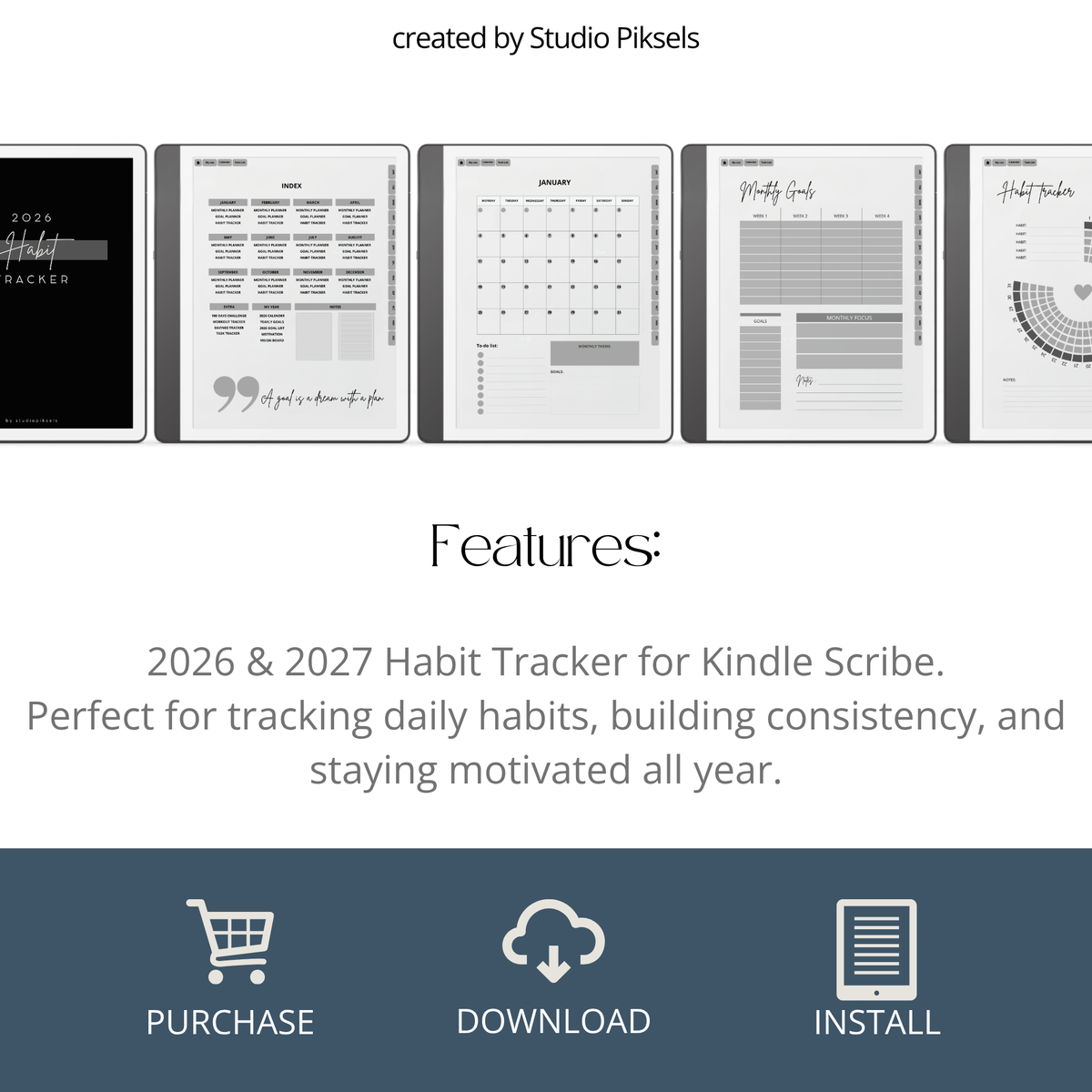 2026 + 2027 Habit Tracker for Kindle Scribe featuring hyperlinked habit tracking, goal planning, routines, tasks, and progress tracking pages.