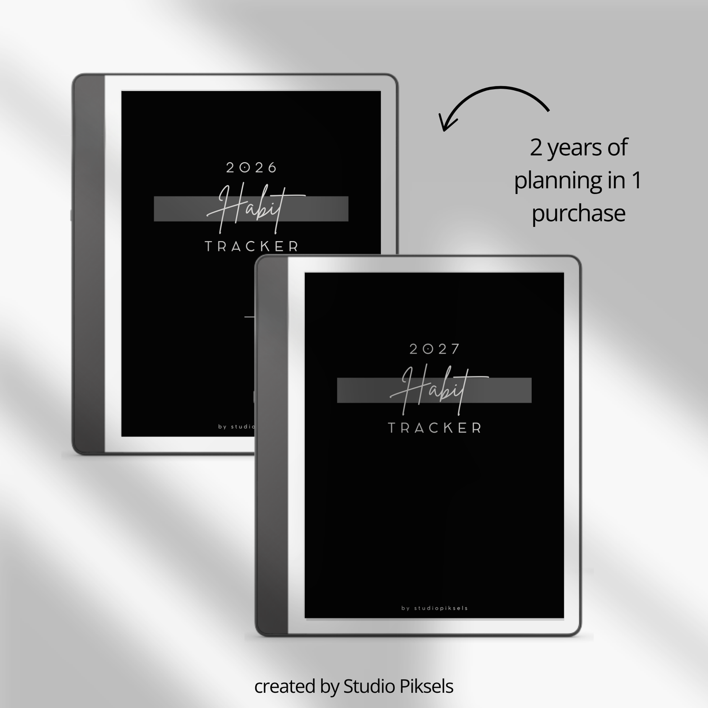 2026 + 2027 Habit Tracker for Kindle Scribe featuring hyperlinked habit tracking, goal planning, routines, tasks, and progress tracking pages.