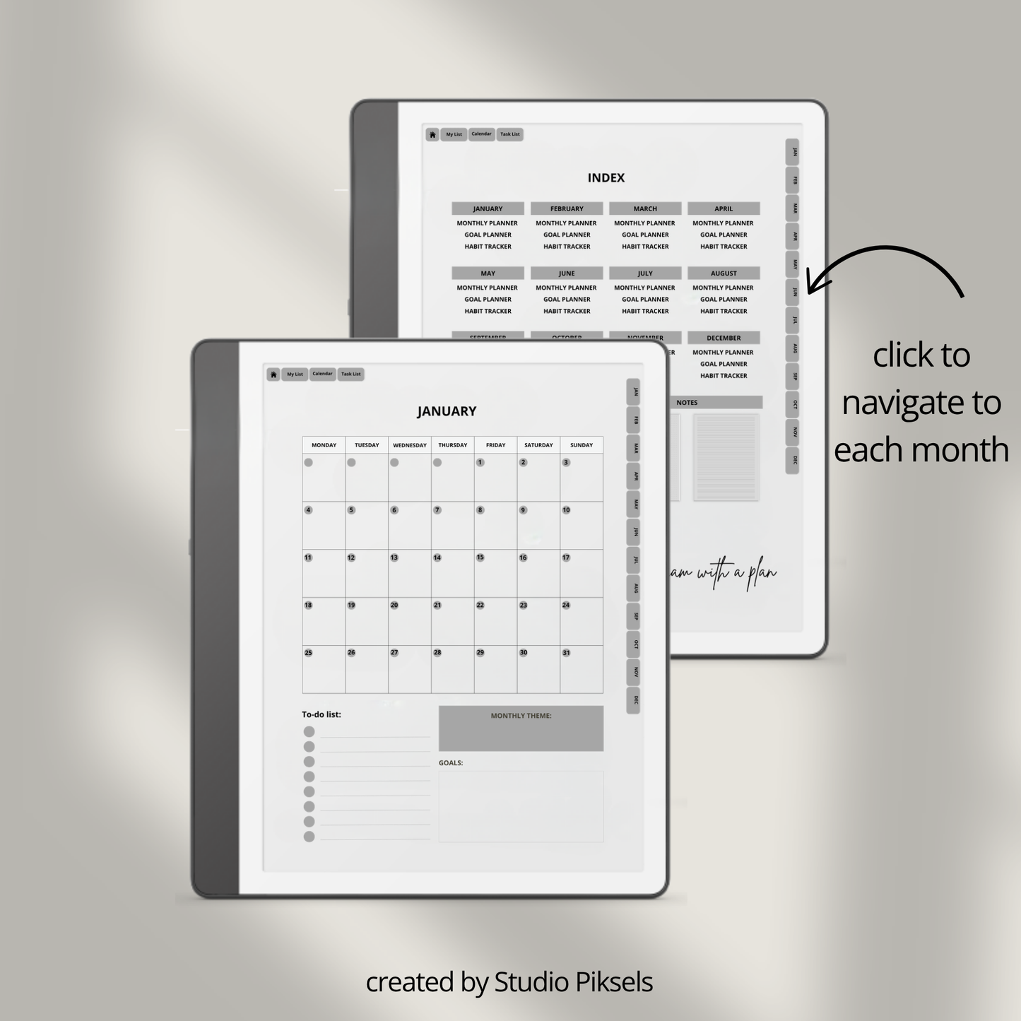 2026 + 2027 Habit Tracker for Kindle Scribe featuring hyperlinked habit tracking, goal planning, routines, tasks, and progress tracking pages.