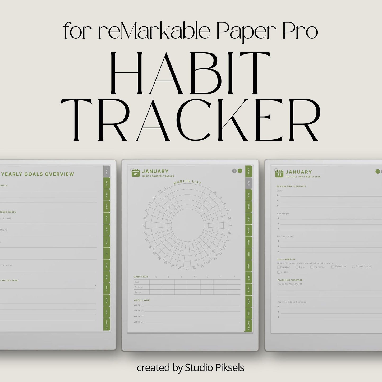 Digital habit tracker for reMarkable Paper Pro with monthly radial trackers and hyperlinked navigation.