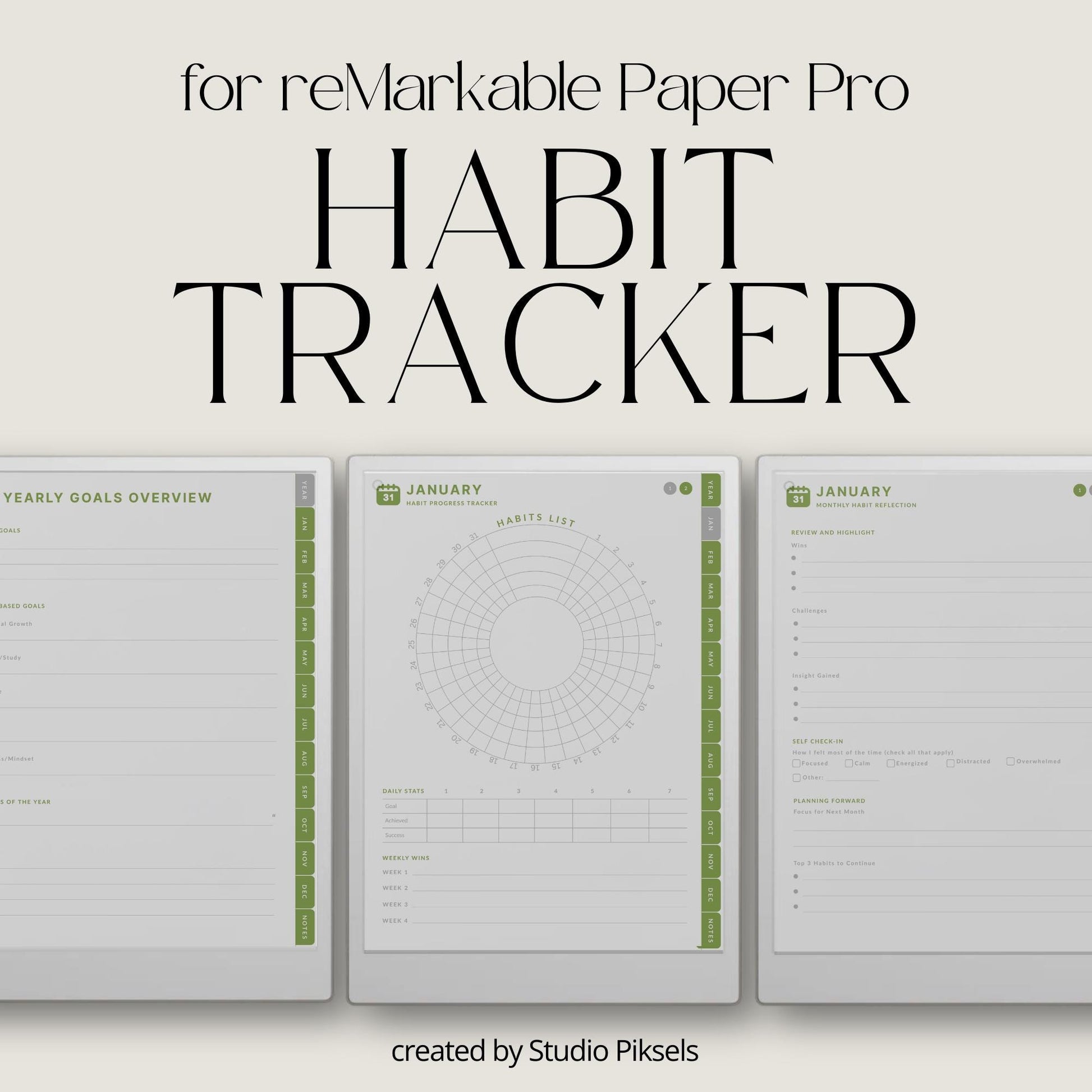 Digital habit tracker for reMarkable Paper Pro with monthly radial trackers and hyperlinked navigation.