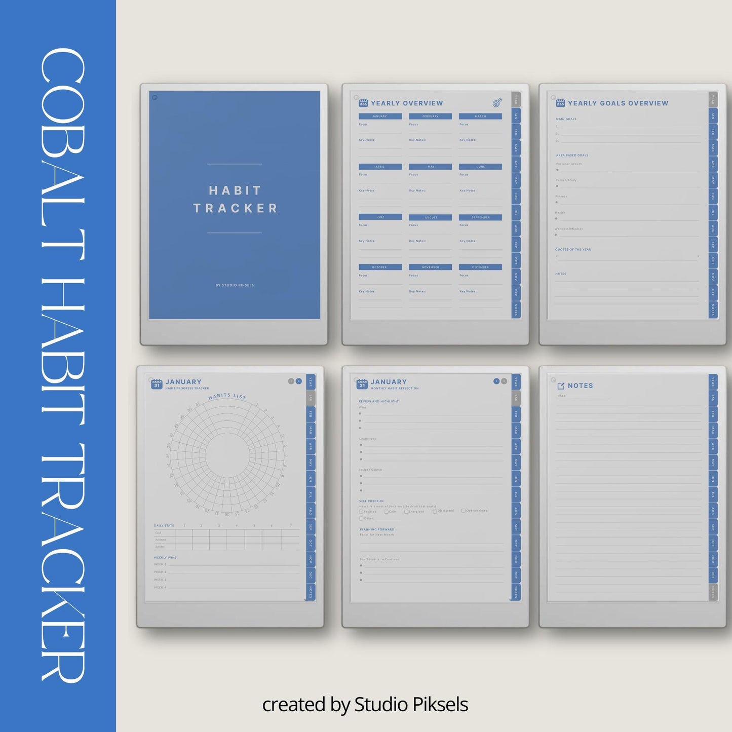 Digital habit tracker for reMarkable Paper Pro with monthly radial trackers and hyperlinked navigation.