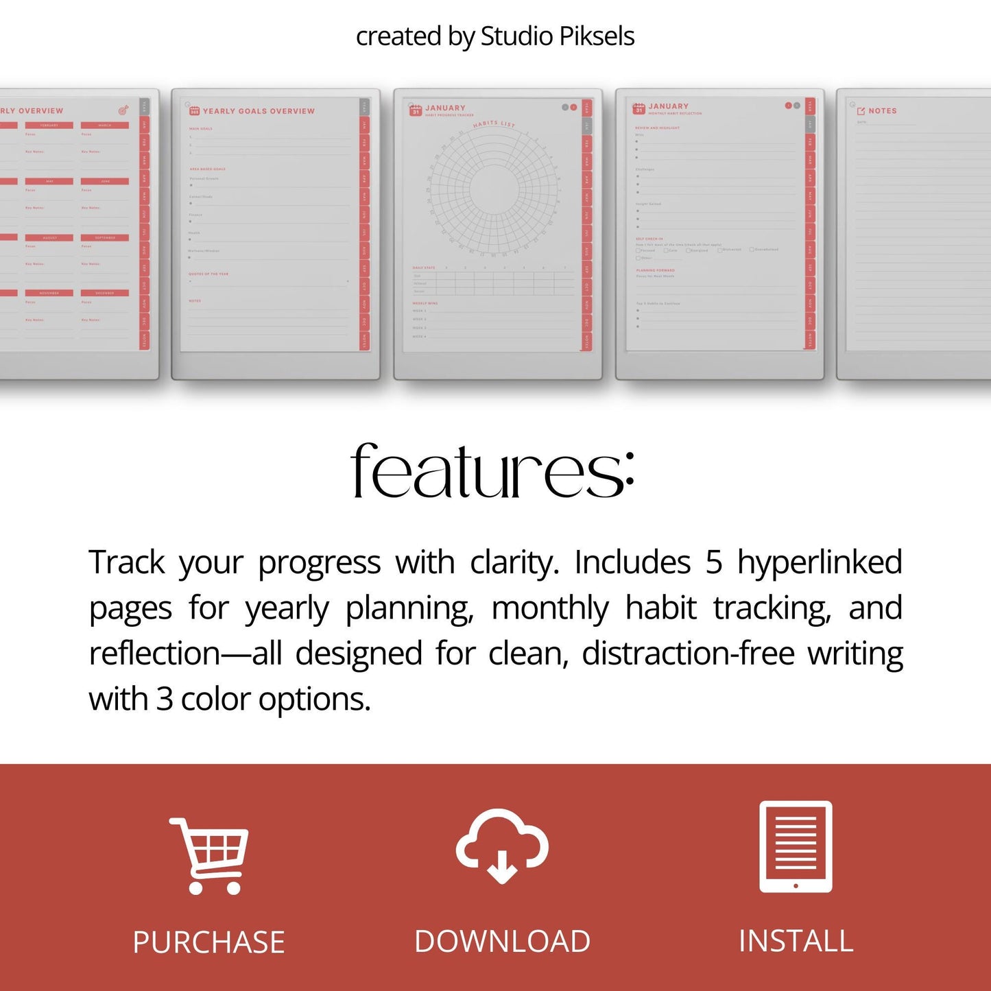 Digital habit tracker for reMarkable Paper Pro with monthly radial trackers and hyperlinked navigation.