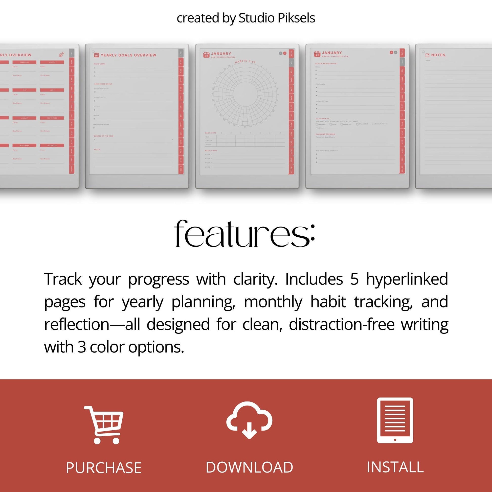 Digital habit tracker for reMarkable Paper Pro with monthly radial trackers and hyperlinked navigation.