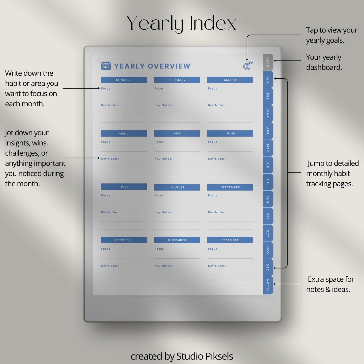 Digital habit tracker for reMarkable Paper Pro with monthly radial trackers and hyperlinked navigation.