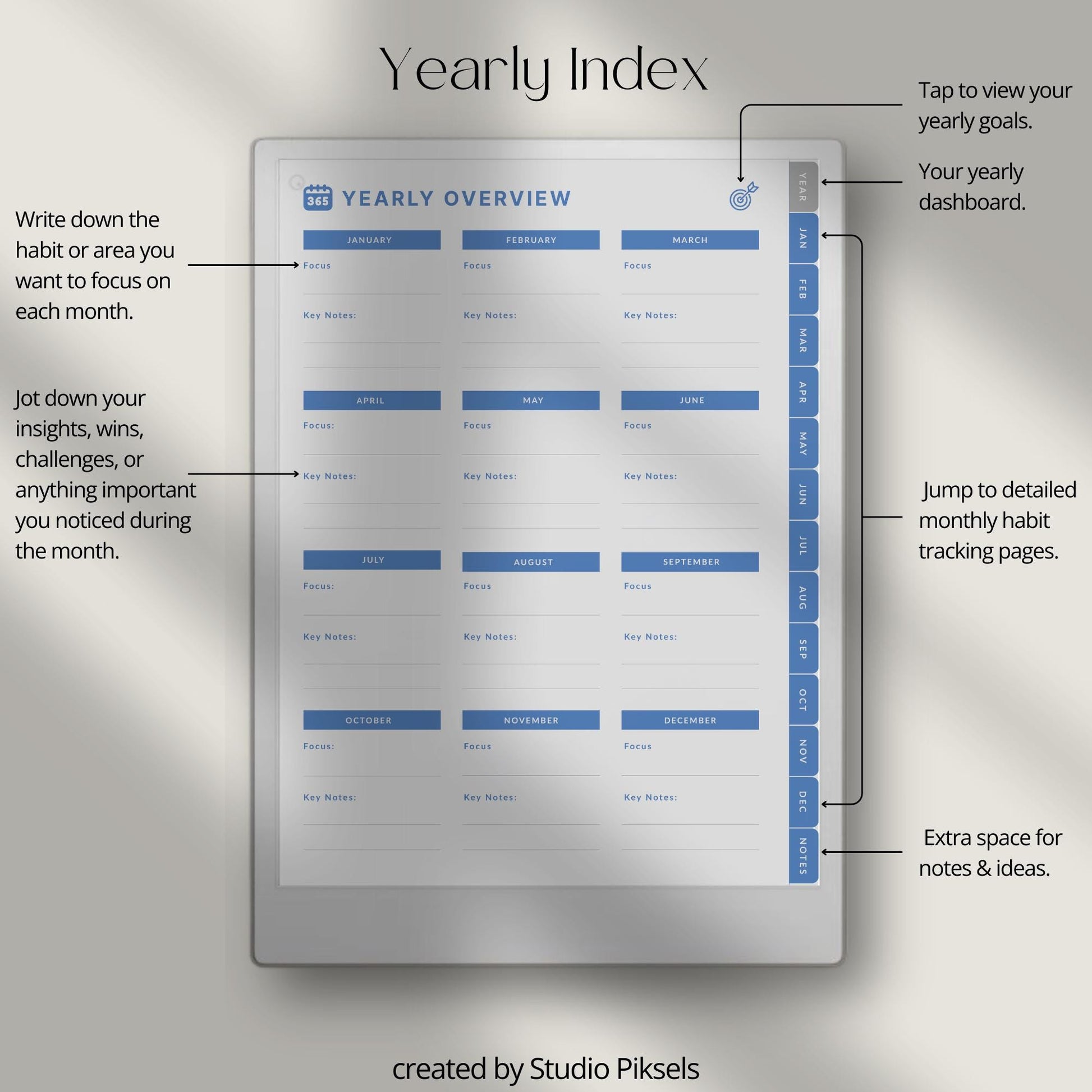 Digital habit tracker for reMarkable Paper Pro with monthly radial trackers and hyperlinked navigation.