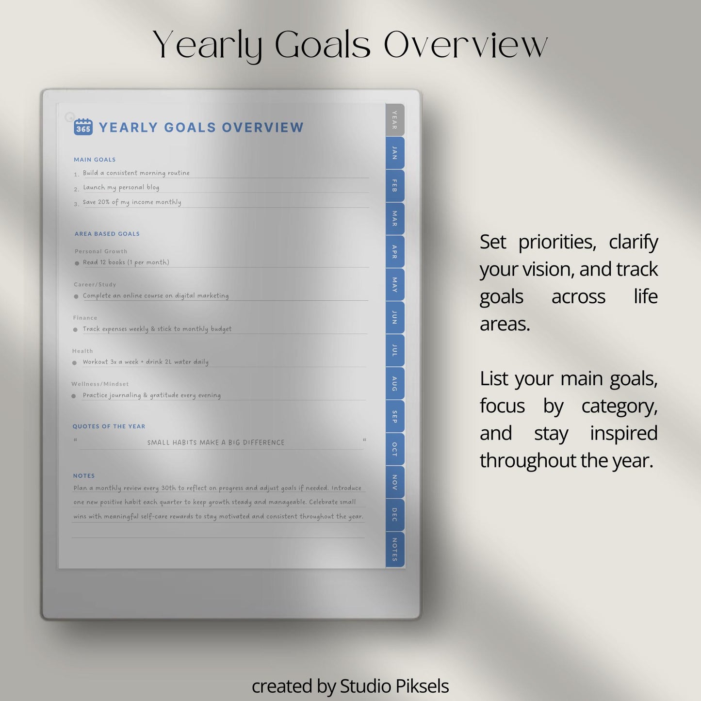 Digital habit tracker for reMarkable Paper Pro with monthly radial trackers and hyperlinked navigation.