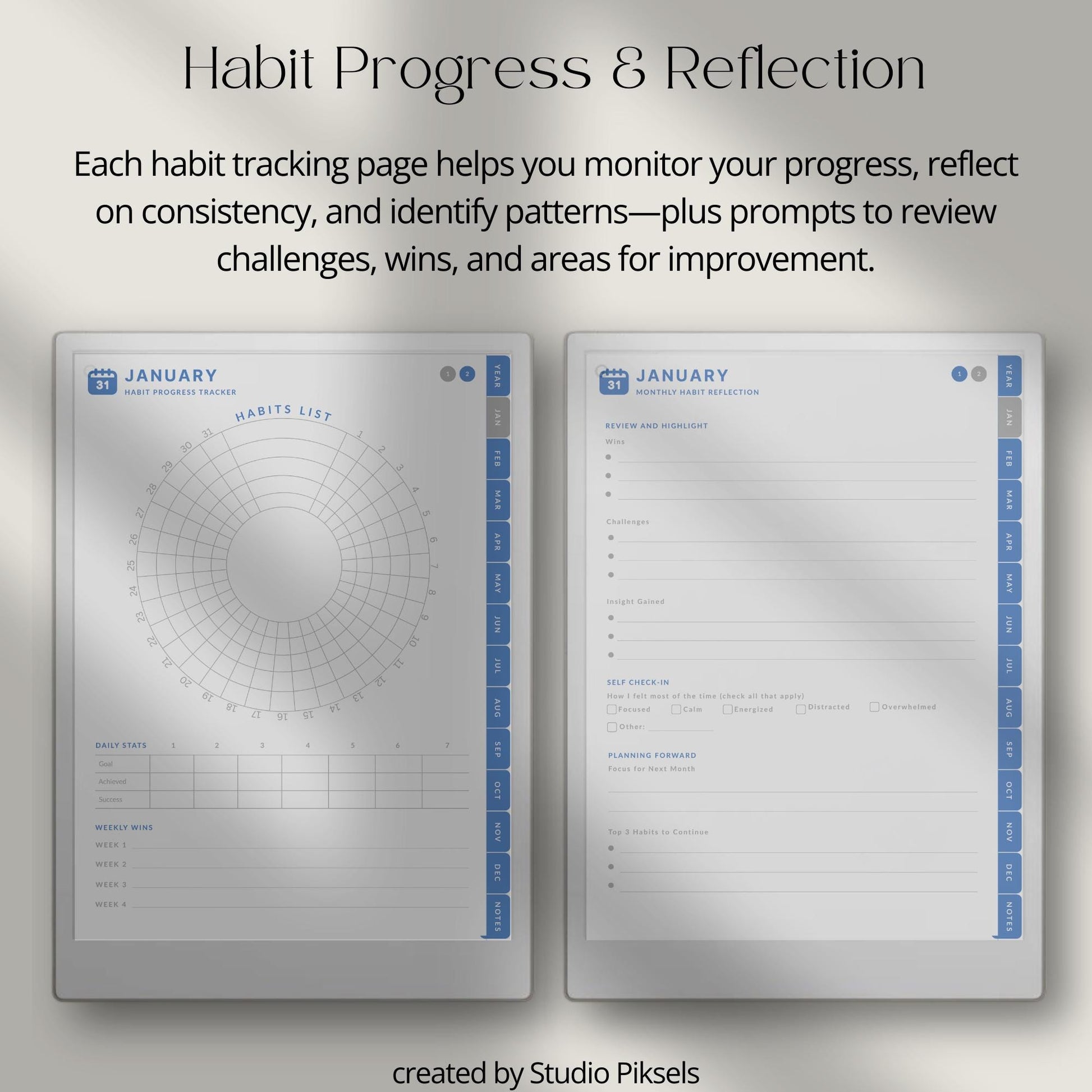 Digital habit tracker for reMarkable Paper Pro with monthly radial trackers and hyperlinked navigation.