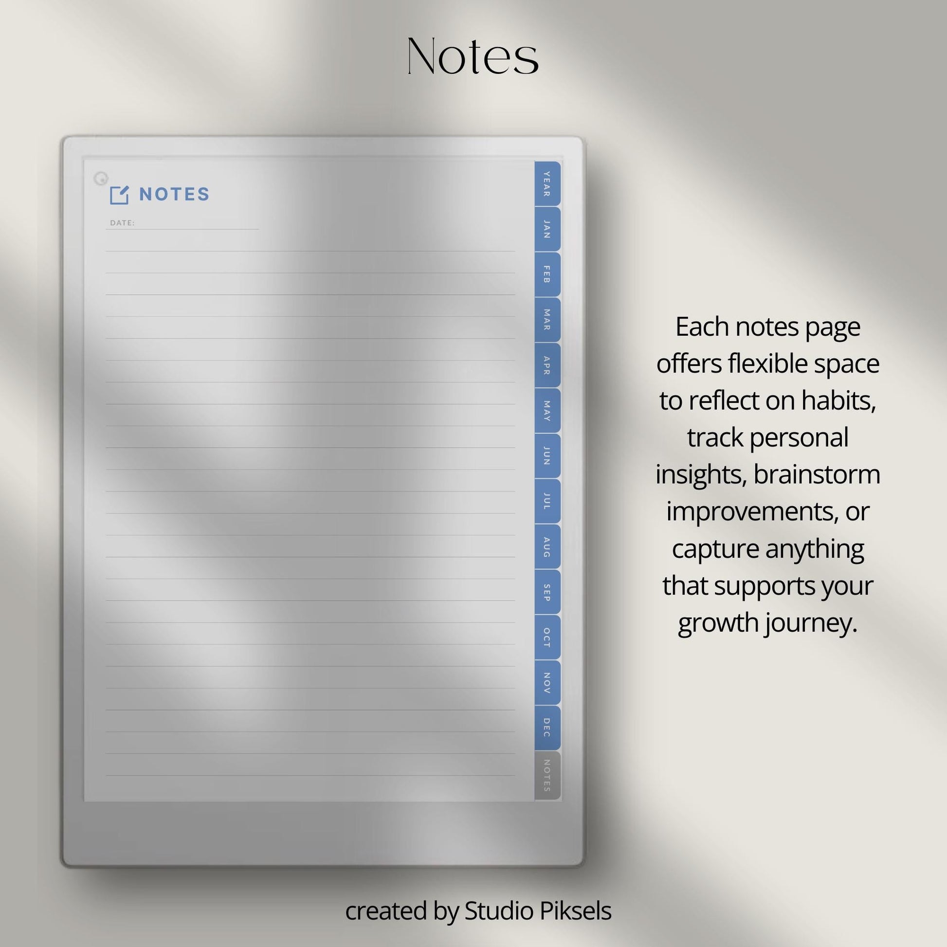 Digital habit tracker for reMarkable Paper Pro with monthly radial trackers and hyperlinked navigation.