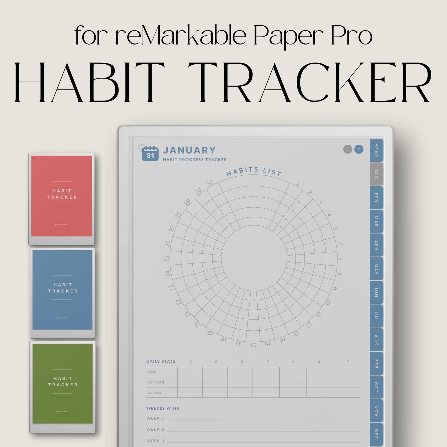 Digital habit tracker for reMarkable Paper Pro with monthly radial trackers and hyperlinked navigation.