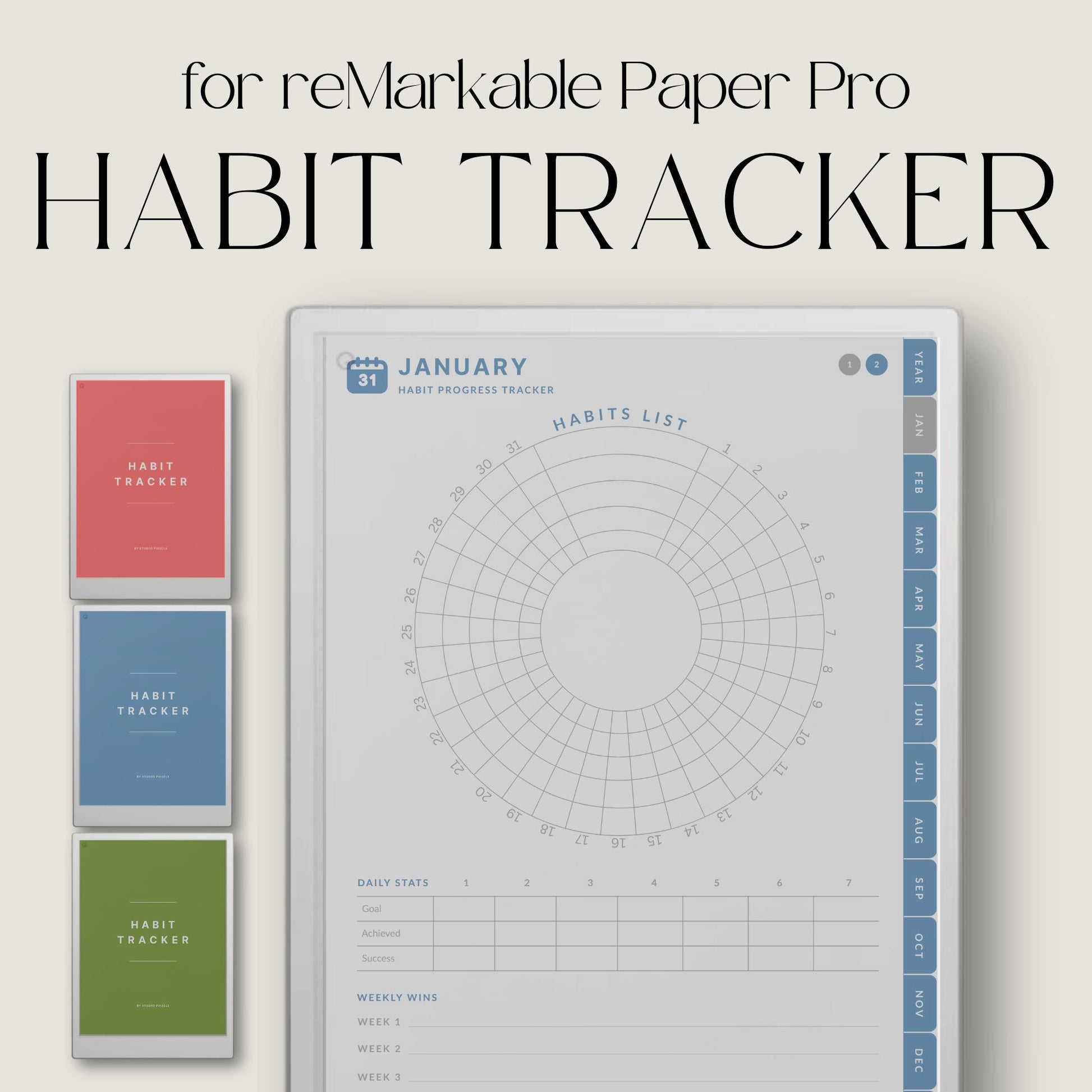 Digital habit tracker for reMarkable Paper Pro with monthly radial trackers and hyperlinked navigation.