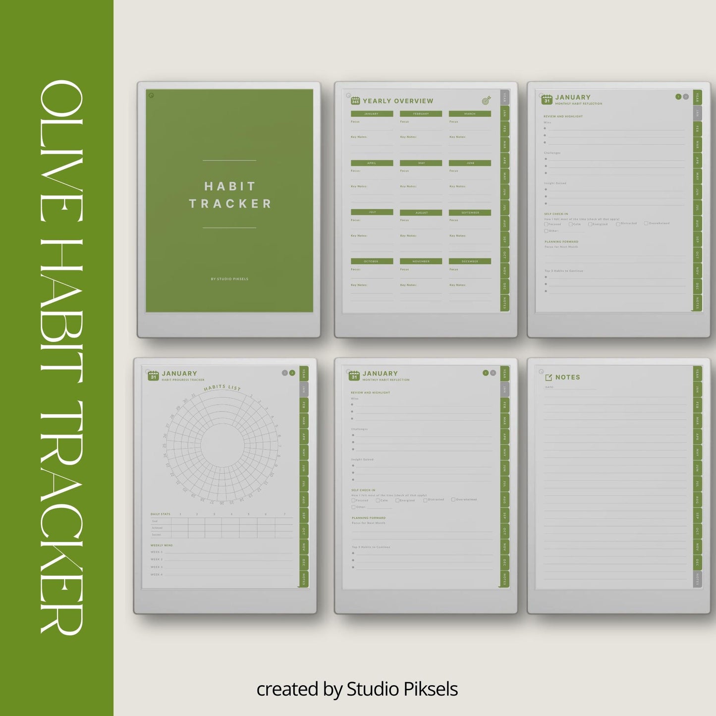 Digital habit tracker for reMarkable Paper Pro with monthly radial trackers and hyperlinked navigation.