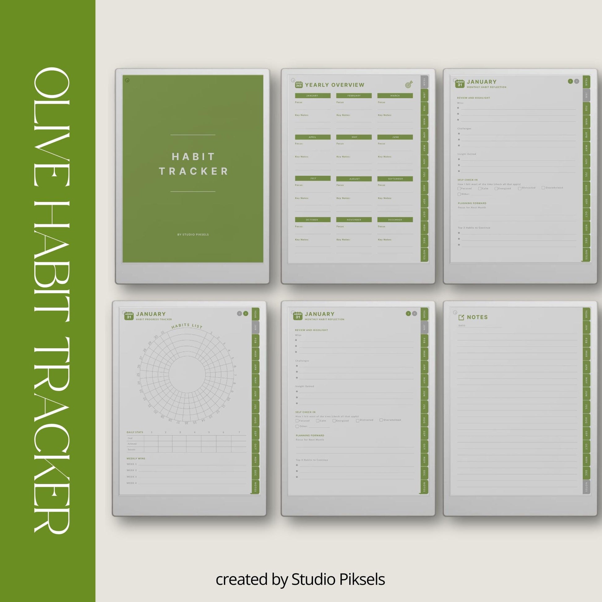 Digital habit tracker for reMarkable Paper Pro with monthly radial trackers and hyperlinked navigation.