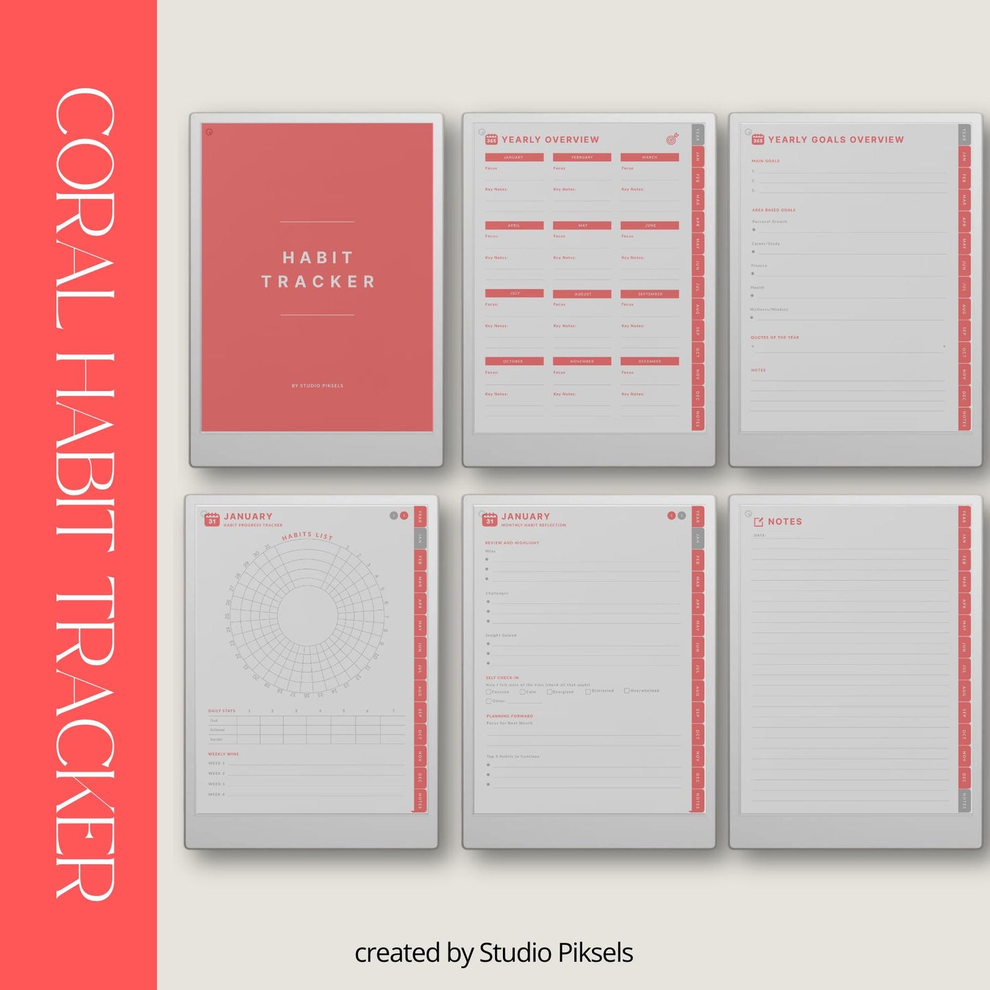 Digital habit tracker for reMarkable Paper Pro with monthly radial trackers and hyperlinked navigation.