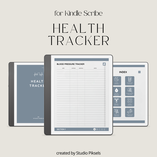 Health Tracker for Kindle Scribe featuring a slate gray monochrome design with hyperlinked sleep, hydration, blood pressure, blood sugar, mood, symptom, medication, and period tracking pages.