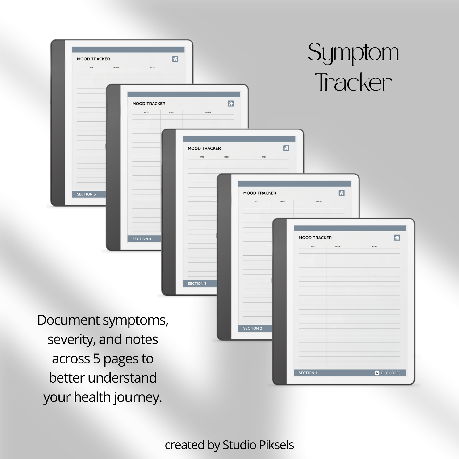 Health Tracker for Kindle Scribe featuring a slate gray monochrome design with hyperlinked sleep, hydration, blood pressure, blood sugar, mood, symptom, medication, and period tracking pages.